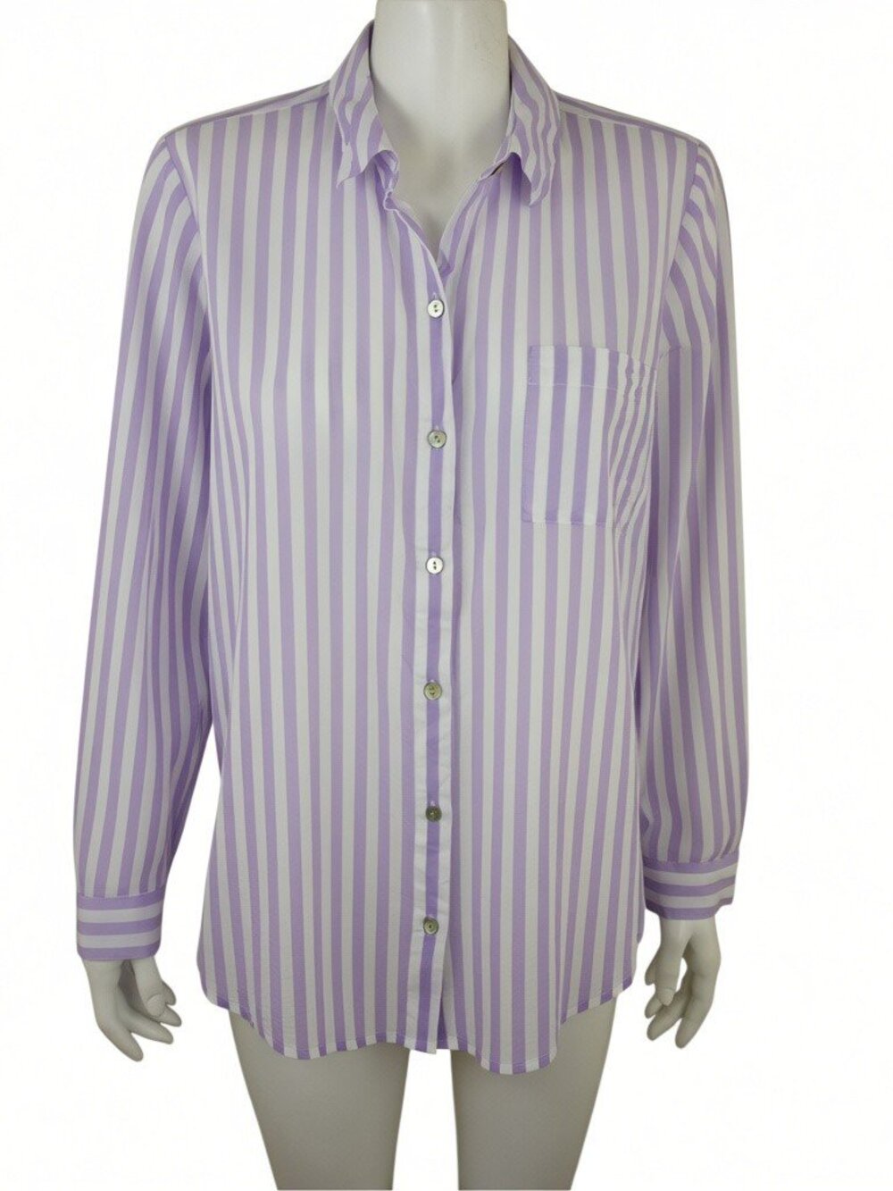 J Jill One Pocket Shirred Back Shirt sz L Purple White Striped Long Sleeve